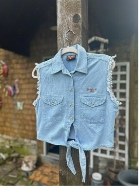 Vintage Biker Design Sturgis Denim Cropped Tie front Vest